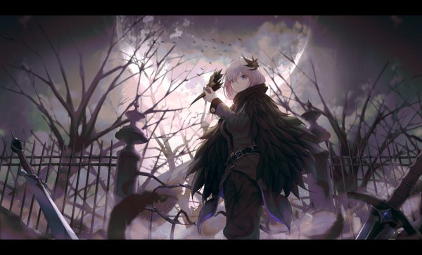 Anime picture 5279x3200 with original worl a single looking at viewer fringe highres short hair blue eyes wide image holding pink hair absurdres outdoors long sleeves night from below letterboxed bare tree fog girl