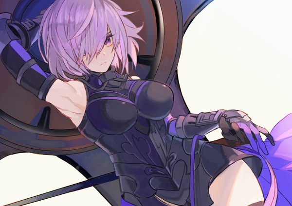 Anime-Bild 990x700 mit fate (series) fate/grand order mash kyrielight kibadori rue single fringe short hair light erotic simple background purple eyes purple hair hair over one eye armpit (armpits) arm behind head girl armor