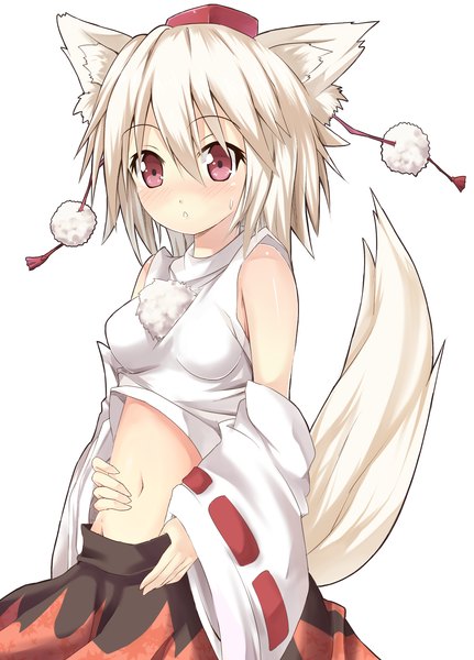 Anime picture 1780x2480 with touhou inubashiri momiji efe single tall image blush highres short hair simple background red eyes white background bare shoulders animal ears white hair wolf ears wolf tail girl detached sleeves tokin hat
