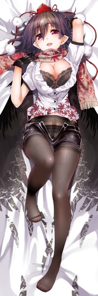 Anime picture 593x1774 with touhou shameimaru aya karochii single tall image looking at viewer blush short hair breasts open mouth light erotic black hair red eyes large breasts cleavage open clothes pantyshot open shirt dakimakura (medium) open shorts