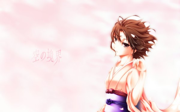 Anime picture 1440x900 with kara no kyoukai type-moon ryougi shiki single looking at viewer fringe short hair hair between eyes brown hair wide image brown eyes upper body traditional clothes parted lips head tilt japanese clothes wind wide sleeves copyright name pink background
