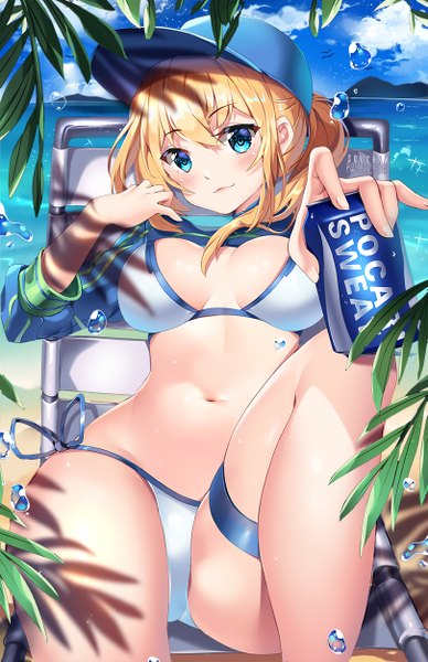 Anime picture 809x1250 with fate (series) fate/grand order artoria pendragon (all) mysterious heroine xx (foreigner) squchan single long hair tall image looking at viewer blush fringe breasts blue eyes light erotic blonde hair smile hair between eyes large breasts sitting holding