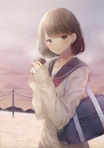 Anime picture 985x1400 with original noda shuha single tall image looking at viewer blush fringe short hair breasts smile brown hair standing holding brown eyes sky cloud (clouds) upper body outdoors blunt bangs long sleeves