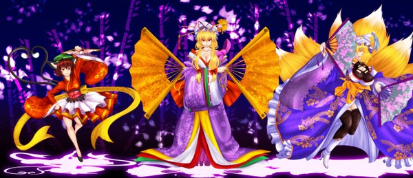 Anime picture 2772x1200 with touhou yakumo yukari yakumo ran chen untue long hair highres short hair blonde hair red eyes brown hair wide image multiple girls animal ears yellow eyes cat ears cat tail fox ears fox tail girl