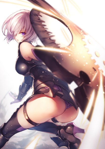 Anime picture 1400x1980 with fate (series) fate/grand order mash kyrielight kyouya (mukuro238) single tall image looking at viewer fringe short hair light erotic simple background white background purple eyes holding pink hair ass hair over one eye high heels leaning leaning forward