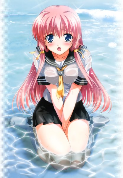 Anime picture 2920x4209 with nagisano tall image highres blue eyes light erotic pink hair wet girl water serafuku
