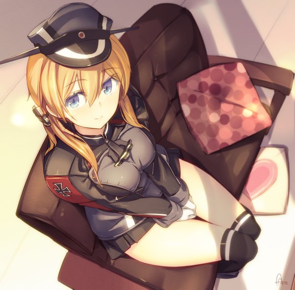 Anime picture 1300x1281 with kantai collection prinz eugen (kantai collection) azumi akitake single long hair fringe blue eyes light erotic blonde hair hair between eyes sitting twintails signed light smile from above low twintails between thighs girl thighhighs gloves