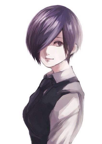 Anime picture 752x1062 with tokyo ghoul studio pierrot kirishima touka ten (pixiv) single tall image fringe short hair simple background white background brown eyes looking away purple hair light smile lips hair over one eye girl necktie