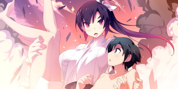 Anime picture 2400x1200 with kaminoyu (game) long hair highres short hair open mouth light erotic black hair red eyes wide image game cg ponytail girl boy