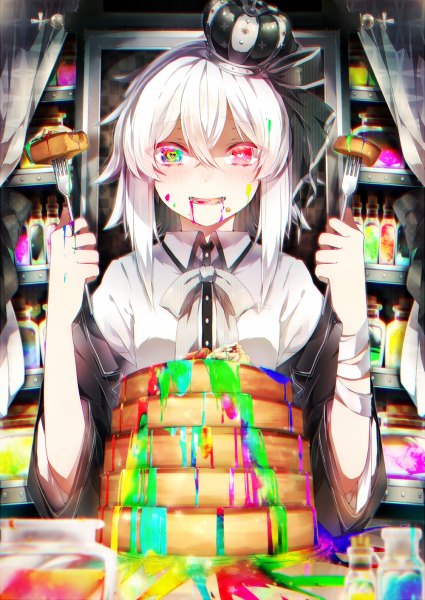 Anime picture 850x1200 with original aka tonbo (lililil) single tall image blush short hair open mouth smile red eyes green eyes white hair :d heterochromia symbol-shaped pupils food on face girl ribbon (ribbons) hair ribbon food heart