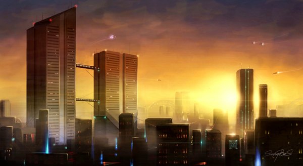Anime picture 1050x575 with original sneznybars wide image signed sky city evening sunset cityscape flying city lights science fiction aircraft skyscraper airship