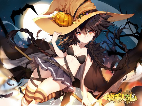 Anime-Bild 1920x1440 mit kardia tou abel bison cangshu single long hair looking at viewer blush fringe highres light erotic black hair hair between eyes braid (braids) night orange eyes copyright name twin braids halloween adjusting hat girl thighhighs