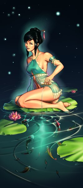 Anime picture 666x1500 with poibuts single tall image looking at viewer short hair breasts light erotic black hair smile purple eyes girl flower (flowers) water lily