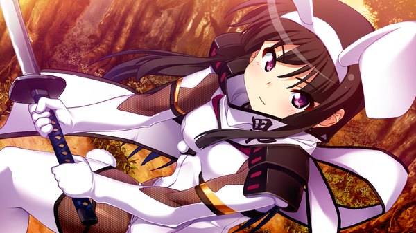 Anime picture 1024x576 with makai tenshi djibril ayanokouji aoi long hair black hair wide image game cg pink eyes bunny ears girl sword katana