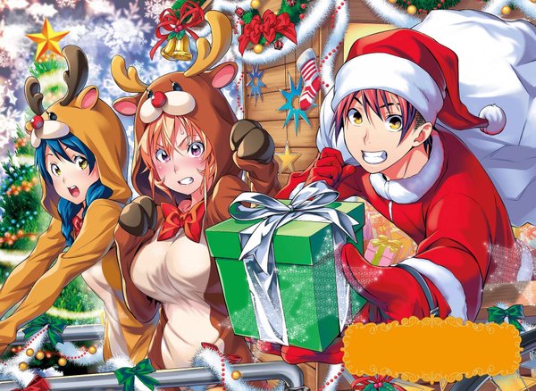 Anime picture 1684x1232 with shokugeki no soma j.c. staff nakiri erina tadokoro megumi yukihira souma long hair looking at viewer blush short hair open mouth blonde hair smile purple eyes multiple girls yellow eyes blue hair red hair scan fur trim christmas