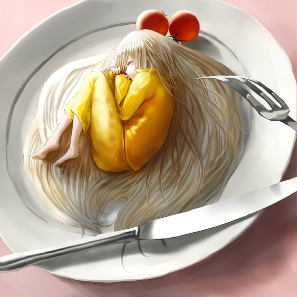 Anime picture 1000x1000 with original tech chimera single fringe blonde hair lying eyes closed very long hair barefoot on side embryo's pose girl food knife vegetables pajamas plate fork tomato