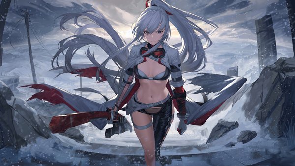 Anime picture 7111x4000 with punishing: gray raven cc xiaotintin single long hair looking at viewer fringe highres breasts light erotic hair between eyes red eyes wide image purple eyes holding payot absurdres sky silver hair outdoors ponytail