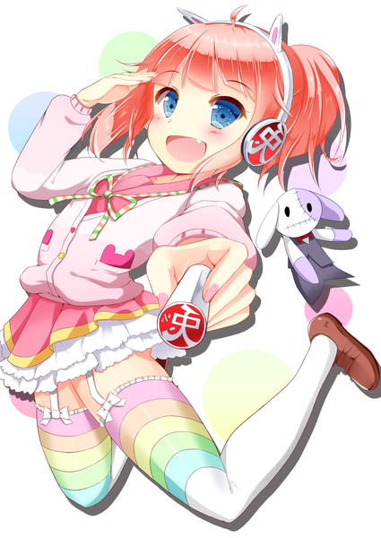 Anime picture 1000x1412 with hinabita meu meu akine (kuroyuri) single tall image blush fringe short hair open mouth blue eyes smile animal ears ponytail orange hair bunny ears fake animal ears stamp girl thighhighs skirt