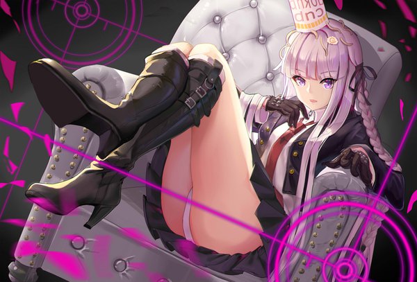 Anime picture 1000x679 with dangan ronpa kirigiri kyouko duzie e single long hair fringe light erotic sitting purple eyes purple hair braid (braids) pleated skirt pantyshot zettai ryouiki crossed legs pantyshot sitting leg lift (legs lift) girl skirt gloves