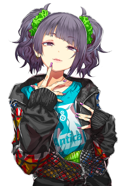 Anime picture 897x1400 with idolmaster idolmaster shiny colors tanaka mamimi yae (mono110) single tall image looking at viewer fringe short hair simple background standing white background purple eyes twintails payot purple hair upper body blunt bangs long sleeves nail polish