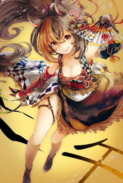 Anime picture 878x1300 with original yokiri single long hair tall image looking at viewer simple background blonde hair smile brown hair brown eyes animal ears cleavage ponytail multicolored hair two-tone hair legs checkered girl hair ornament