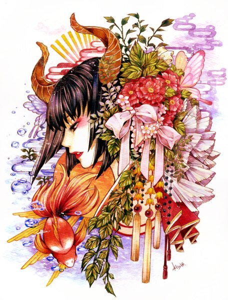 Anime picture 1000x1316 with original 29kiccyo tall image short hair black hair red eyes signed profile horn (horns) lipstick eyeshadow red lipstick makeup girl flower (flowers) ribbon (ribbons) plant (plants) insect butterfly bubble (bubbles)