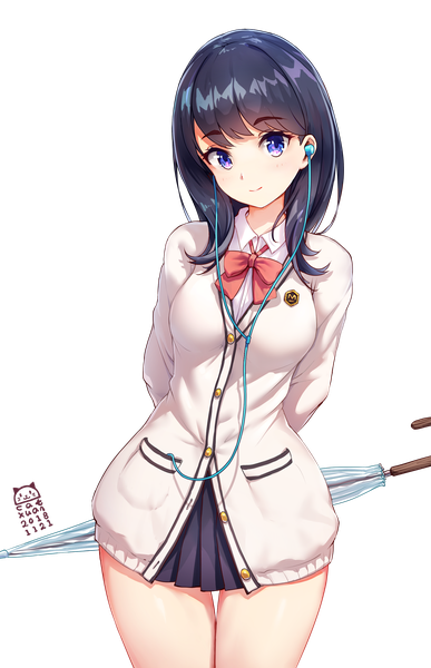 Anime picture 1656x2565 with gridman universe ssss.gridman studio trigger takarada rikka catxuan single long hair tall image looking at viewer blush fringe blue eyes black hair standing signed pleated skirt thighs thigh gap hands behind back transparent background