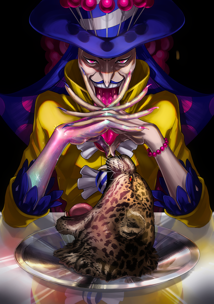 Anime picture 2039x2894 with one piece toei animation charlotte perospero kisantaaaa single long hair tall image looking at viewer highres open mouth smile sitting blue hair nail polish pink eyes fingernails teeth sparkle shadow lipstick
