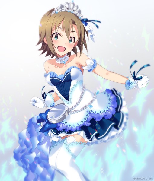 Anime picture 850x1000 with idolmaster idolmaster cinderella girls idolmaster cinderella girls starlight stage tada riina mizuki makoto single tall image looking at viewer blush short hair open mouth blue eyes brown hair starry sky bright girl thighhighs dress gloves ribbon (ribbons) white thighhighs