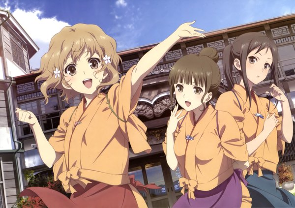 Anime picture 4101x2896 with hanasaku iroha p.a. works matsumae ohana oshimizu nako tsurugi minko highres short hair open mouth black hair brown hair multiple girls brown eyes absurdres traditional clothes girl 3 girls