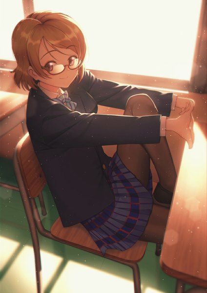 Anime picture 723x1023 with love live! school idol project sunrise (studio) love live! koizumi hanayo nagareboshi single tall image short hair smile red eyes brown hair bent knee (knees) pleated skirt sunlight classroom girl skirt uniform school uniform pantyhose