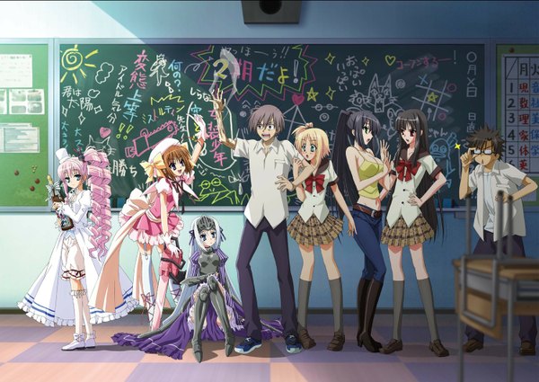 Anime picture 1500x1063 with kore wa zombie desu ka? studio deen eucliwood hellscythe haruna (zombie) seraphim (zombie) aikawa ayumu maelstrom chris (zombie) long hair short hair open mouth blue eyes black hair blonde hair red eyes brown hair sitting purple eyes multiple girls green eyes