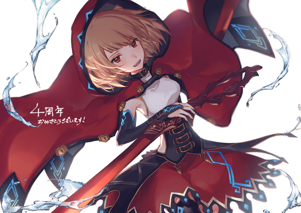 Anime-Bild 4092x2893 mit dare ga tame no alchemist tagme (character) uyuu (hirameki) single looking at viewer highres short hair open mouth red eyes brown hair white background absurdres :d girl weapon sword water hood cape bridal gauntlets