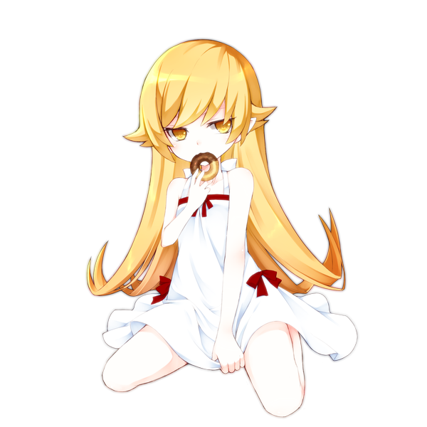 Anime picture 2000x2000 with bakemonogatari shaft (studio) monogatari (series) oshino shinobu umxzo single long hair highres breasts blonde hair sitting yellow eyes pointy ears bare legs loli flat chest transparent background girl dress ribbon (ribbons)