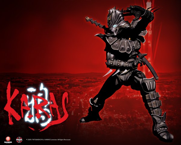 Anime picture 1280x1024 with karas otoha (karas) single blue eyes red background sword armor katana helmet blade