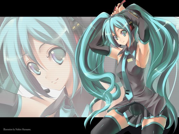 Anime picture 1600x1200 with vocaloid hatsune miku nohito single long hair looking at viewer twintails signed aqua eyes aqua hair armpit (armpits) wallpaper zoom layer girl thighhighs black thighhighs detached sleeves