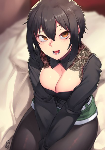 Anime picture 1180x1673 with original rumi morimiya jjune single tall image looking at viewer fringe short hair breasts open mouth light erotic black hair hair between eyes large breasts brown eyes cleavage from above mole mole under eye looking up