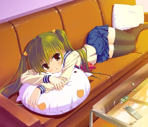 Anime picture 1729x1494 with original ipod saitou tsukasa highres twintails brown eyes green hair girl thighhighs uniform black thighhighs school uniform serafuku pillow couch
