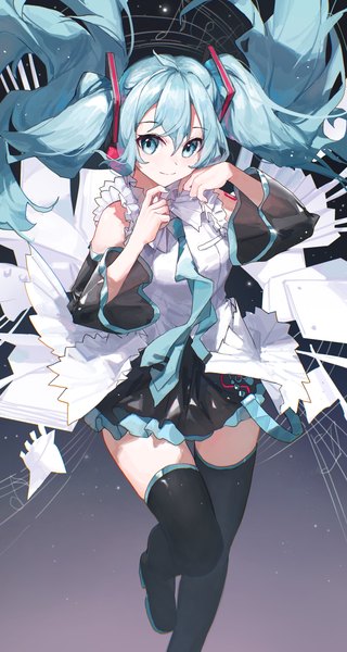 Anime picture 2067x3872 with vocaloid hatsune miku happy 16th birthday -dear creators- hatsune miku sentter single tall image looking at viewer fringe highres simple background smile hair between eyes standing twintails bent knee (knees) long sleeves very long hair nail polish pleated skirt aqua eyes