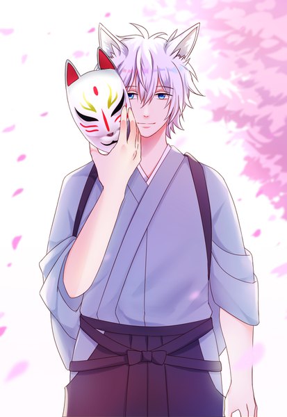 Anime picture 1251x1818 with kakuriyo no yadomeshi gonzo ginnji alex305000 single tall image looking at viewer fringe short hair blue eyes hair between eyes standing animal ears silver hair upper body traditional clothes japanese clothes fox ears cherry blossoms boy