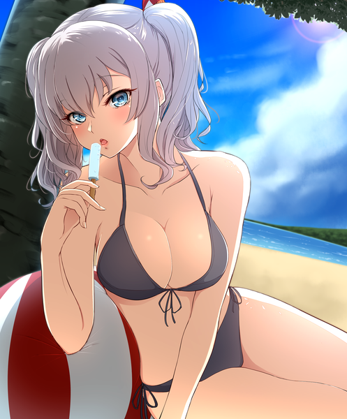 Anime picture 1700x2050 with kantai collection kashima training cruiser nuka (nvkka) single tall image blush fringe short hair breasts blue eyes light erotic hair between eyes large breasts sitting twintails bare shoulders holding cleavage silver hair cloud (clouds)