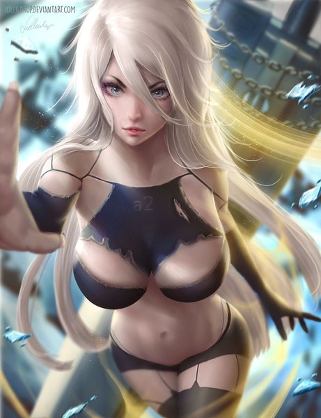 Anime picture 1000x1300 with nier nier:automata yorha type a no. 2 lolliedrop single long hair tall image looking at viewer fringe breasts open mouth blue eyes light erotic hair between eyes large breasts bare shoulders holding signed white hair very long hair