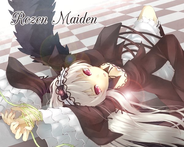 Anime picture 1240x992 with rozen maiden suigintou xayux single long hair looking at viewer silver hair pink eyes inscription copyright name lens flare light black wings checkered floor lolita fashion goth-loli bound hands girl dress wings