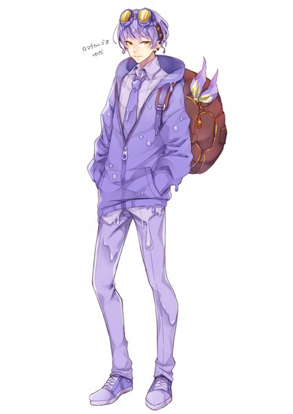 Anime picture 600x848 with pokemon moemon nintendo magcargo kasuka108 single tall image looking at viewer short hair simple background standing white background yellow eyes purple hair full body open jacket sunglasses on head hands in pockets personification alternate color