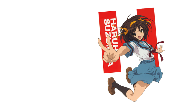 Anime picture 2560x1600 with suzumiya haruhi no yuutsu kyoto animation suzumiya haruhi highres wide image white background girl serafuku