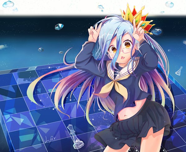 Anime picture 1096x900 with no game no life madhouse shiro (no game no life) l.bou single long hair looking at viewer open mouth hair between eyes brown eyes pleated skirt multicolored hair hand on head girl skirt navel uniform glasses serafuku skirt set