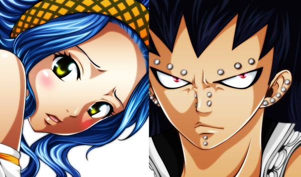 Anime picture 2933x1732 with fairy tail gajeel redfox levy mcgarden latherqueen (kim-chee) long hair blush highres open mouth black hair wide image white background yellow eyes blue hair pink eyes piercing coloring portrait multiview angry girl