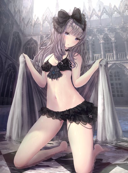 Anime picture 1447x1957 with original missle228 single long hair tall image looking at viewer blush fringe open mouth blue eyes light erotic holding blunt bangs head tilt barefoot grey hair wet kneeling partially submerged flat chest