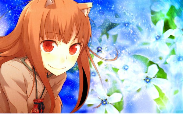 Anime picture 1680x1050 with spice and wolf horo single smile red eyes brown hair wide image animal ears wolf ears wolf girl girl flower (flowers)