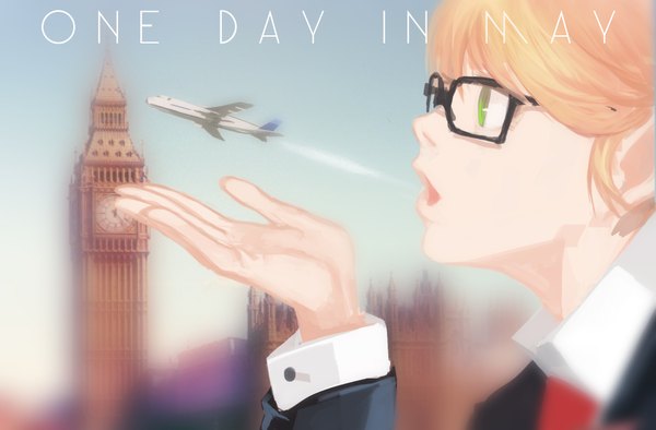 Anime picture 2000x1314 with original jellycarrot single highres short hair open mouth blonde hair green eyes looking away profile text english girl uniform glasses building (buildings) clock sleeve cuffs aircraft airplane